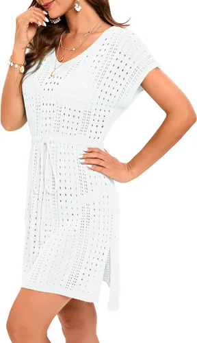 Vista 5 de Jhsnjnr Vestidos de playa de ganchillo para mujer, con lazo en la cintura, traje de baño