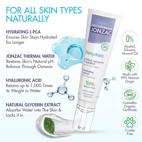 Vista 4 de Eau Thermale Jonzac Rehydrate - Suero hidratante orgánico de ácido hialurónico puro para la cara, hidratación 24 horas, regordeta y repara la piel