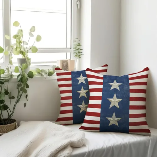 Vista 6 de Juego de 2 fundas de almohada de 16 x 16 pulgadas, diseño patriótico de bandera estadounidense con estrellas para exteriores, estilo casa de campo
