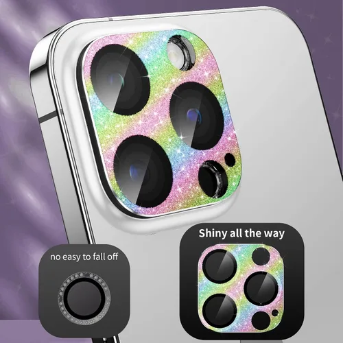 Vista 2 de Protector de lente de cámara para iPhone 14 Pro/iPhone 14 Pro Max, cobertura completa 3D con purpurina brillante, calidad de imagen sin afectación