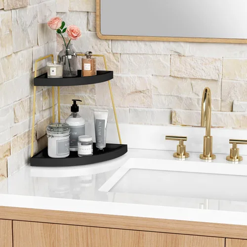 Vista 2 de Forbena Organizador de Rincón para Encimera de Baño en Negro y Oro, Organizador Moderno de Encimera de Cocina para Lavabo, Bandeja de Almacenamiento