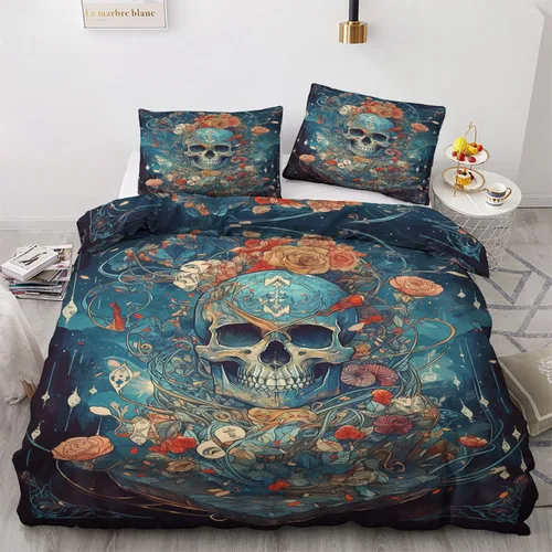 Vista 14 de Juego de funda de edredón tamaño individual Juego de cama de calavera de flores Patrón de esqueleto 2 piezas Funda de edredón de microfibra
