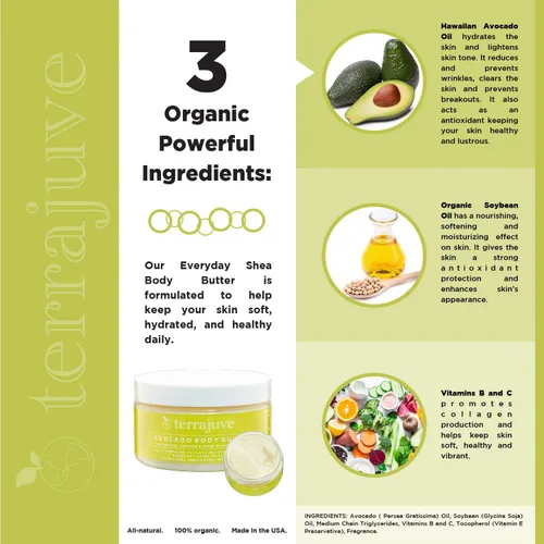 Vista 3 de Terrajuve Loción de crema orgánica para rostro y cuerpo de aguacate, para una piel suave, sedosa y elástica, con aguacate hawaiano, puro, totalmente
