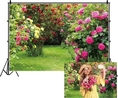 Vista 5 de Renaiss Telón de fondo de jardín de primavera de 5 x 3 pies, color rojo, rosa, rosa, flores, hojas verdes, hierba, paisaje natural, fondo