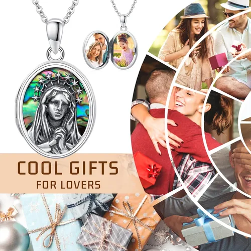 Vista 7 de Collar de medallón de plata de ley 925 con medallón milagroso que sostiene imágenes, joyería religiosa católica, regalos para mujeres y niñas, Plata