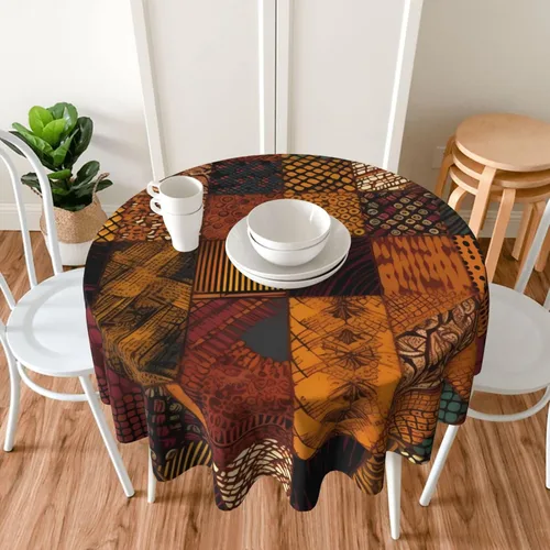 Vista 6 de Mantel redondo de 60 pulgadas, impermeable, estilo africano, estampado de retazos, mantel circular para cocina, comedor, arrugas, mantel redondo