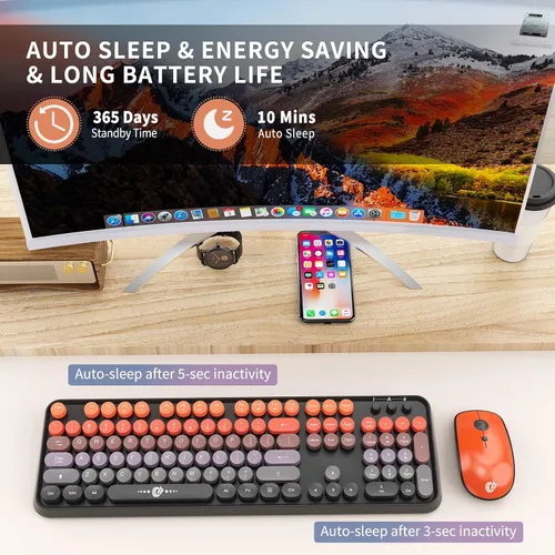 Vista 5 de FOPETT Combo de teclado y mouse inalámbricos, 2.4G de tamaño completo, lindo mouse y teclado coloridos con 104 teclas redondas, teclado retro