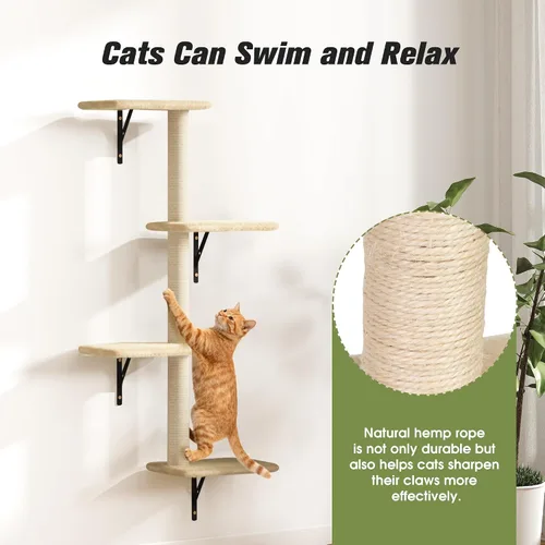 Vista 4 de COZIWOW Muebles para gatos montados en la pared, estantes y perchas de pared para gatos, estantes flotantes para gatos para pared, juego de 5 (beige)