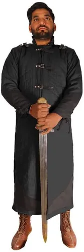 Vista 2 de Medieval gruesa acolchada longitud completa mangas Gambeson abrigo Aketon chaqueta, negro