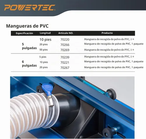 Vista 7 de Manguera flexible de PVC para recolección de polvo 70143 de Powertec, 4 pulgadas x 20 pies, transparente