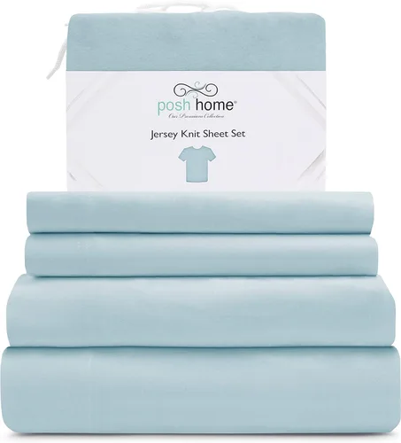 Vista 13 de Posh Home Juego de sábanas de punto de jersey, sábanas de 3 piezas, sábanas de jersey de algodón transpirable y suave, incluye sábana encimera