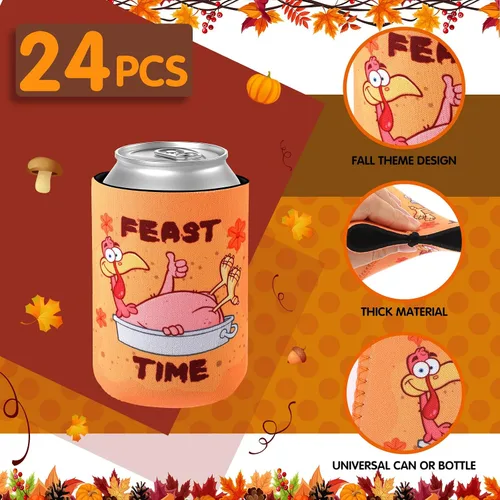 Vista 2 de Remerry 24 fundas para enfriar latas de Acción de Gracias de 12 onzas, fundas divertidas para latas de pavo y calabaza, neopreno, aisladas, fundas