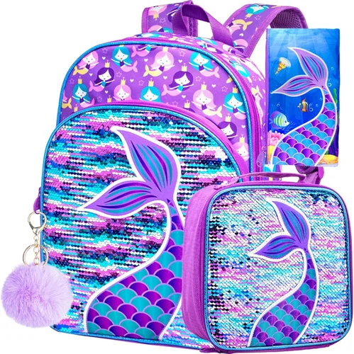 Vista 13 de 3 piezas de mochilas infantiles para niñas, 41 cm, mochila escolar preescolar y lonchera con diseño de unicornio/sirena/flamenco Mochila