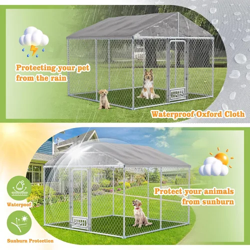 Vista 3 de Grepatio Perrera para perros al aire libre de 10 x 10 pies con techo, recinto exterior para perros con 2 comederos giratorios, cerca para perros