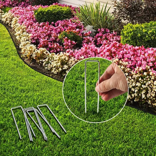 Vista 6 de Paquete de 100 grapas de paisaje, estacas de jardín de calibre 11 de 6 pulgadas con tapas de junta, grapas galvanizadas resistentes para paisajes