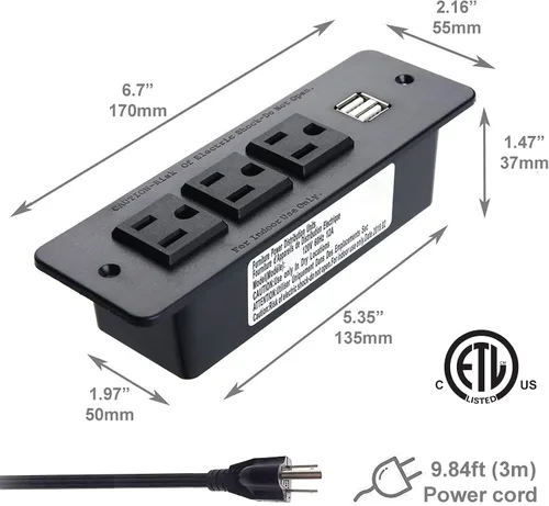 Vista 2 de Zapatilla para empotrar, con 3 salidas de corriente alterna, 2 centros USB, para conferencias, de 2.1 amperes, con cable de 9.8 pies, con enchufe