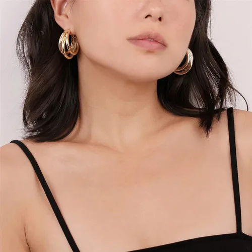 Vista 29 de Aretes de aro gruesos de oro para mujer, chapados en oro de 14 quilates, aretes de aro triple, hipoalergénicos, a la moda, aretes de aro gruesos