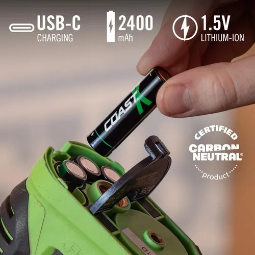 Vista 2 de Coast Baterías recargables AA USB-C, ZITHION-X, iones de litio de 1.5 V 2400 mAh, larga duración, se carga menos de 2.5 horas, cable de carga