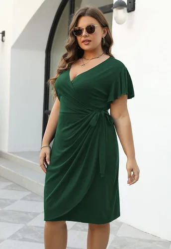 Vista 4 de Nemidor NEM389 - Vestido cruzado de imitación fruncido con mangas con volantes, vestido de trabajo para fiesta, talla extragrande