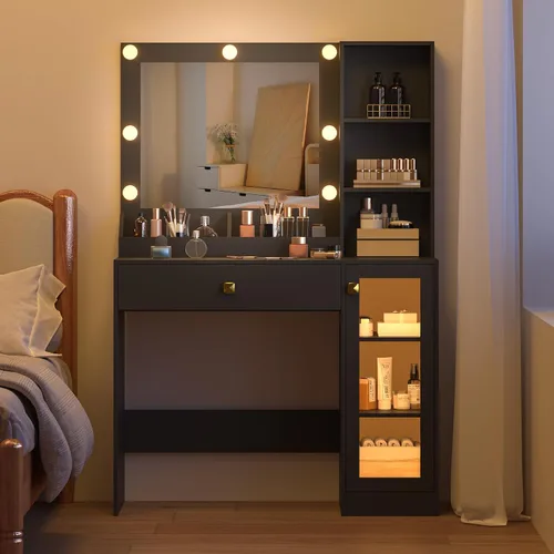 Vista 2 de BORNOON Escritorio pequeño con espejo y luces, escritorio de tocador de maquillaje con brillo ajustable, 3 modos de luz, armario de almacenamiento
