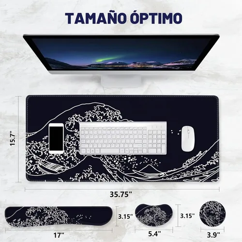Vista 7 de ToLuLu Alfombrilla de mouse extendida para juegos, juego de soporte ergonómico de espuma viscoelástica para teclado y mouse reposamuñecas Ola negra