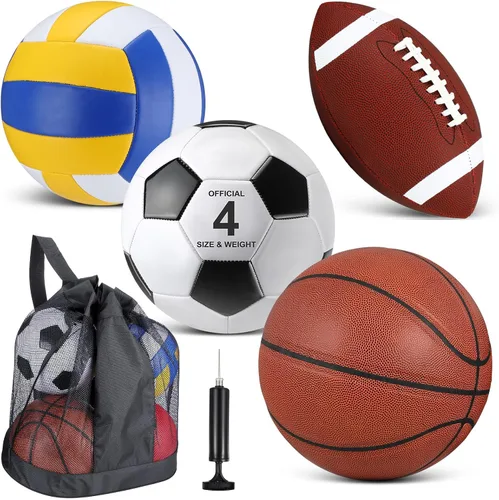 Vista 8 de HyDren Juego de 4 pelotas deportivas de tamaño oficial para baloncesto, balón de fútbol, voleibol, con bolsa de transporte y inflador, regalo