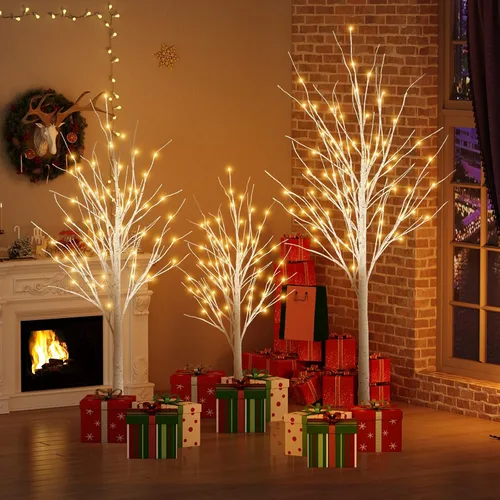 Vista 2 de Hooseng Árbol Iluminado de 4 pies, 5 pies y 6 pies, Paquete de 3, Lámpara de Árbol de Luces de Hadas Árbol Artificial para Festival, Fiesta