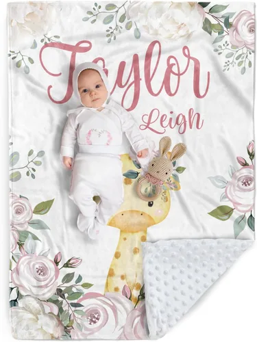 Vista 23 de Manta de bebé personalizada, manta de felpa suave con respaldo de puntos de doble capa para niños y niñas, nombre personalizado con diseño de animal