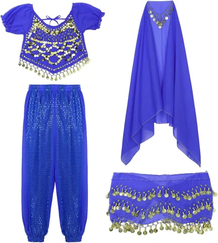Vista 6 de iEFiEL - Disfraz de danza del vientre para mujer, para Halloween, carnaval, India, danza superior, pantalones para la cadera, bufanda, accesorio