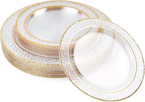 Vista 10 de MATANA 20 Platos de Fiesta Reutilizables de Plástico Transparente de 10 Pulgadas con Borde Dorado Martillado - Platos de Cena Resistentes de Primera