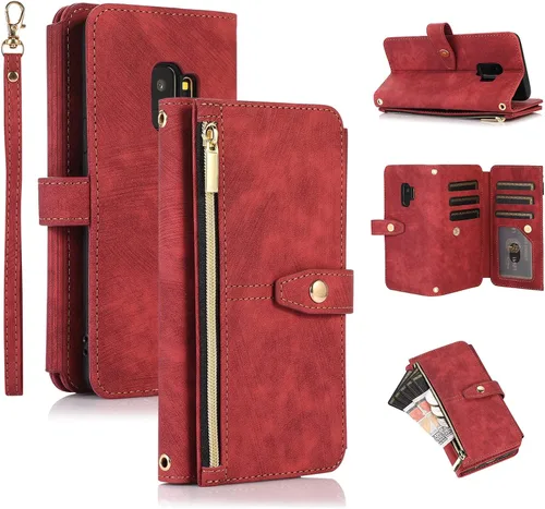 Vista 10 de UEEBAI Funda tipo cartera para Samsung Galaxy S9 Plus, Retro 9 ranuras para tarjetero con cremallera, bolsillo de piel sintética, cierre magnético