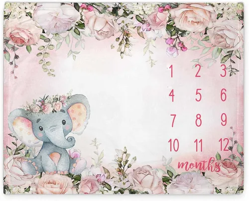 Vista 2 de Yuzioey - Manta mensual de hitos para bebé, manta de mes de elefante floral para baby shower, manta de flores de elefante rosa, manta mensual