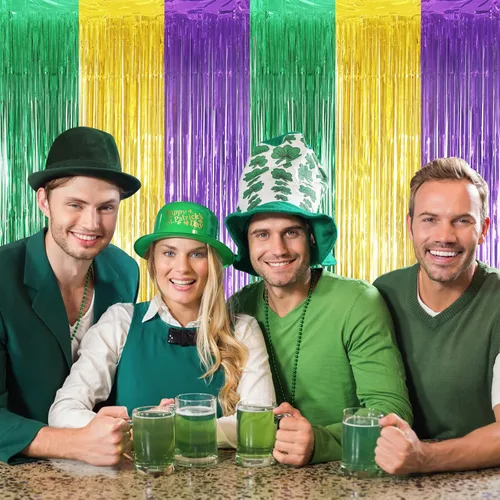 Vista 7 de Paquete de 4 cortinas de flecos de papel de aluminio Mardi Gras de 3.2 x 8.2 pies, cortina de fondo verde dorado y morado, cortina de fondo metálico