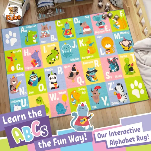Vista 3 de KC CUBS, tapete para piso, área de aprendizaje educativo, juegos, ABC, alfabeto, animales, para niños y la recámara y sala de juegos de niños.