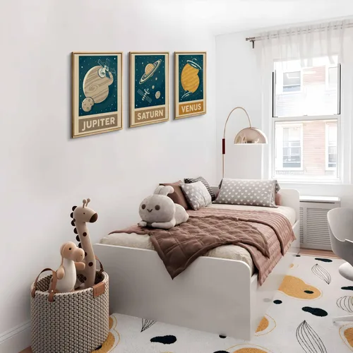 Vista 6 de 9 piezas de arte de pared retro del sistema solar para cuarto de niños, imágenes espaciales retroespaciales, galaxia, decoración de pared, pinturas