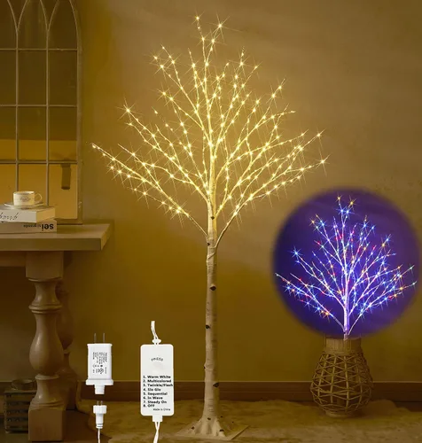 Vista 10 de Hairui Árbol de abedul iluminado con 200 luces multicolor y luces de hadas blancas cálidas, 8 funciones, 4 pies, árbol de ramitas blancas con luces