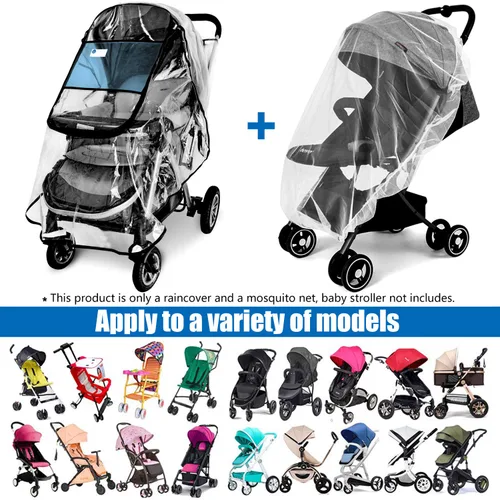 Vista 7 de Funda de lluvia para cochecito y mosquitera para cochecito de bebé (juego de 2 piezas), accesorio universal para cochecito, impermeable, protección