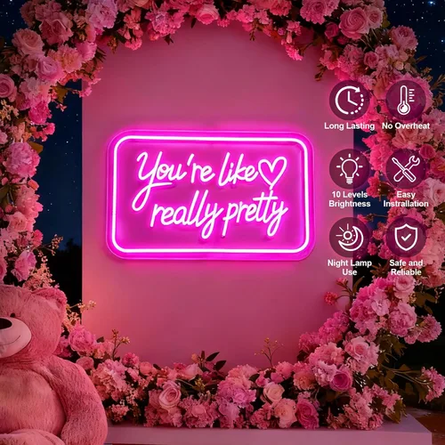 Vista 3 de Letrero de neón con texto en inglés "You're Like Really Pretty Neon", luz de neón LED rosa con atenuador y alimentación USB, decoración de pared