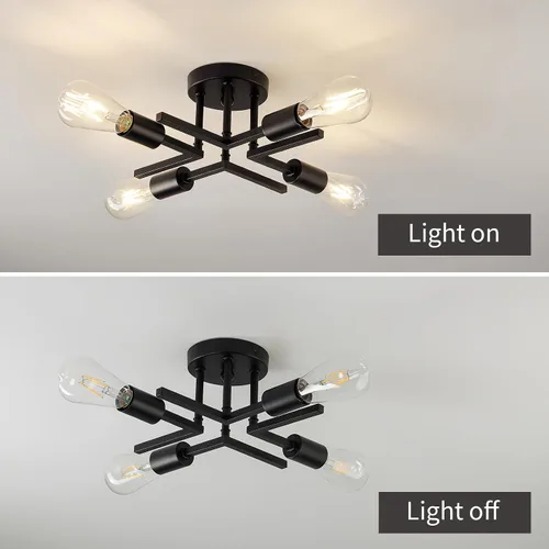 Vista 4 de Accesorio de Lámpara de Techo Industrial Semiempotrada de 4 Luces, Candelabro Sputnik Moderno de Metal Negro con Base de Bombilla E26, Luz Pegada al