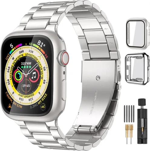 Vista 30 de Lerobo Compatible con Apple Watch Band de 1.732 in 1.654 in 1.575 in 1.496 in 1.614 in 1.772 in 150.9 ft 1.929 in, correa de metal de acero