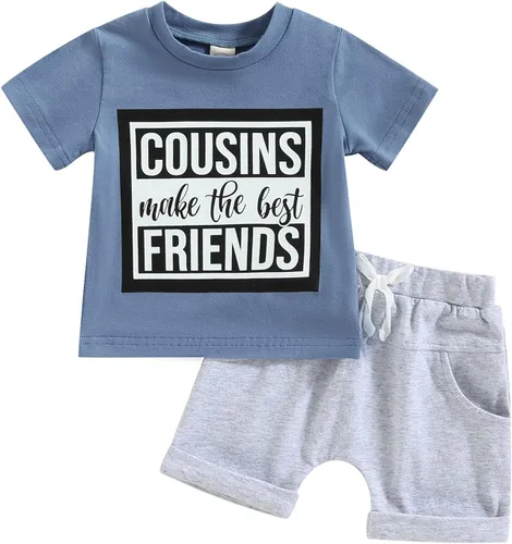 Vista 51 de Conjunto de traje de verano para bebé niño pequeño, manga corta, cuello redondo, letras impresas, lindo traje de verano, conjunto de 2 piezas