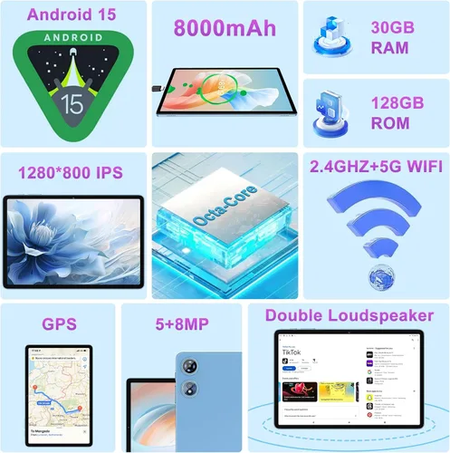 Vista 2 de Tableta de 10 pulgadas Android 15 con 30 GB de RAM 128 GB de ROM 1 TB de expansión, 8000 mAh Octa-Core con teclado y ratón, pantalla HD IPS, Gemini