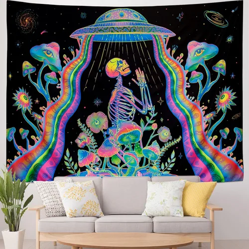 Vista 3 de Galoker Tapiz de esqueleto de luz negra, tapiz floral de plantas de fantasía, tapiz reactivo a los rayos UV, tapiz OVNI extraterrestre galaxia