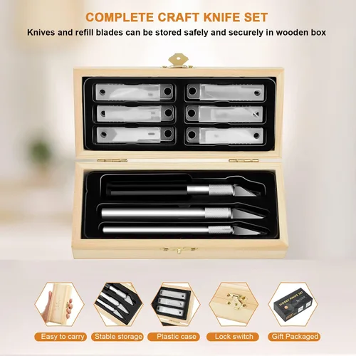 Vista 2 de Headley Tools Precision Craft - Juego de cuchillos para pasatiempos (38 piezas) con baúl de madera, cuchillos afilados para álbumes de recortes