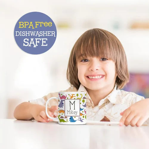 Vista 3 de Taza personalizada de dinosaurio para niños, con nombre e inicial, polímero ligero