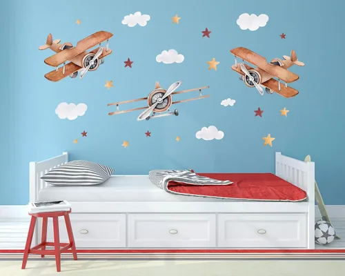 Vista 4 de Calcomanías de pared de avión grandes para niños, calcomanías de pared modernas multicolor de dibujos animados de avión de guardería, calcomanías