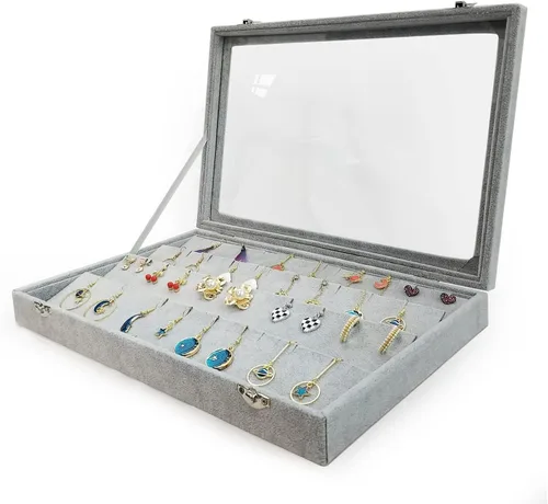 Vista 6 de Organizador de almacenamiento de pendientes de terciopelo de hielo con tapa transparente grande, caja de joyería, soporte para aretes, vitrina gris