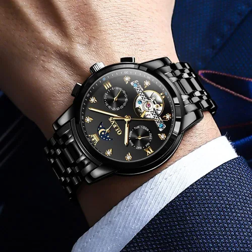 Vista 3 de OLEVS Relojes automáticos para hombre, esqueleto Tourbillon, reloj de pulsera de lujo con diamantes de cuerda automática, acero inoxidable