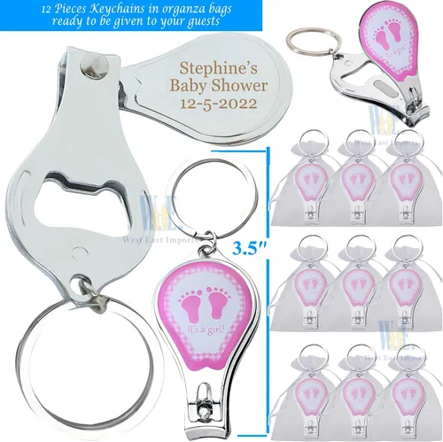 Vista 2 de Baby Shower personalizado (12 piezas) llavero rosa niña favores/cortauñas y abridor de botellas/grabado láser personalizado regalo (huella)