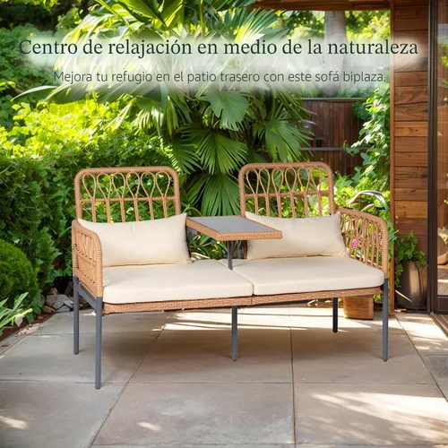 Vista 9 de PROHIKER Muebles de Patio Exterior Sofá de Amor de Ratán de 2 Asientos con Mesa Integrada, Almohadas Lumbares y Cojines, Sofá de Amor de Mimbre